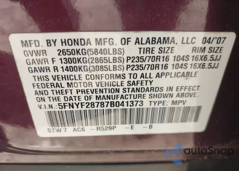 2007 Honda Pilot Ex-L from USA, damaged, VIN 5FNYF28787B041373